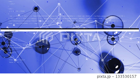 Displaying black and translucent spheres linked by lines in blue gradient space, with code overlay 133530157