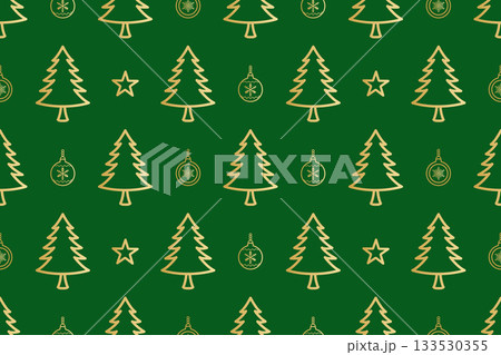 Seamless pattern of golden line-art illustrations of Christmas trees, stars, and ornaments arranged across a rich red background.	 133530355