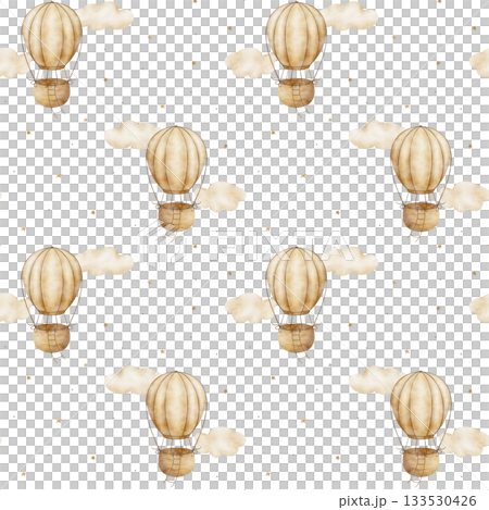 Vintage watercolor pattern hot air balloon in beige clouds, stars. Hand-drawn illustration isolated from background. Seamless print in children design for textiles packaging clothing nursery wallpaper Vintage watercolor pattern hot air balloon in beige clouds, stars. Hand-drawn illustration isolated from background. Seamless print in children design for textiles packaging clothing nursery wallpaper 133530426