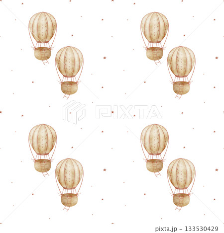 Pattern of flying beige balloon, red stars. Hand-drawn watercolor illustration in vintage children style. Seamless print isolated from background for textiles fabrics baby clothes wallpaper packaging 133530429