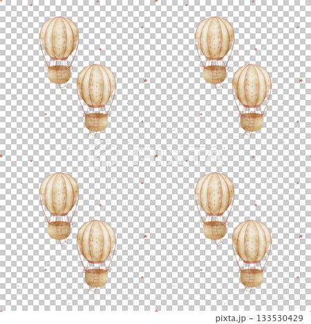 Pattern of flying beige balloon, red stars. Hand-drawn watercolor illustration in vintage children style. Seamless print isolated from background for textiles fabrics baby clothes wallpaper packaging 133530429