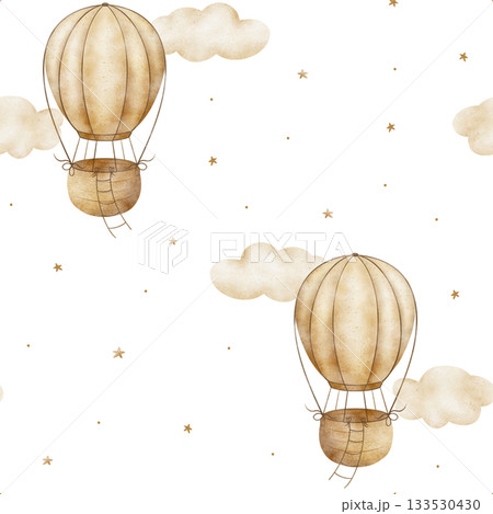 Vintage watercolor pattern hot air balloon in beige clouds, stars. Hand-drawn illustration isolated from background. Seamless print in children design for textiles packaging clothing nursery wallpaper 133530430