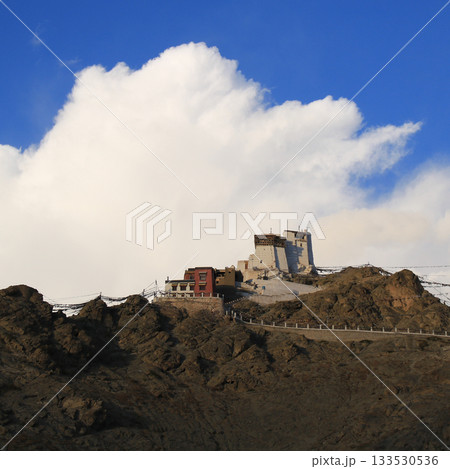 White cloud over Tsemo Monastery and Tsemo Castle at sunset, Ladakh Leh, India. 133530536