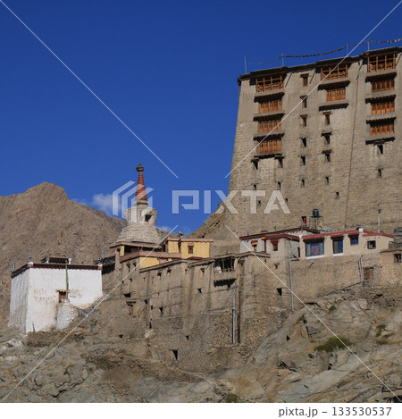 Old stupa and part of Leh Palace, India. 133530537
