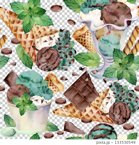 Mint chocolate chip gelato in cone, plastic cup, glass dish. Waffle rolls, syrup drizzle topping. Isolated seamless pattern illustration hand drawn in watercolor. Dessert packaging, blog background. Mint chocolate chip gelato in cone, plastic cup, glass dish. Waffle rolls, syrup drizzle topping. Isolated seamless pattern illustration hand drawn in watercolor. Dessert packaging, blog background. 133530549