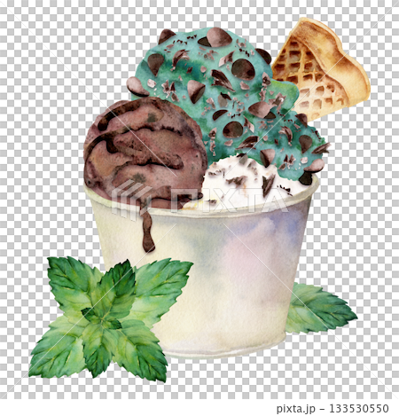 Gelato ice cream scoops in plastic cup with speckled chocolate chips, waffle slice and mint leaves. Isolated illustration hand drawn in watercolor. Dessert art, cafe set sheet, summer fair decor. 133530550