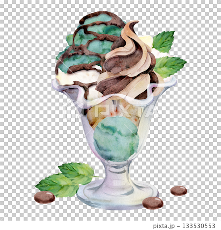 Mint gelato soft scoop with chocolate chunks, dragee bonbons and leaf in sundae glass bowl. Isolated illustration hand drawn in watercolor. Natural flavor label, botanical product tag, vegan food art Mint gelato soft scoop with chocolate chunks, dragee bonbons and leaf in sundae glass bowl. Isolated illustration hand drawn in watercolor. Natural flavor label, botanical product tag, vegan food art 133530553