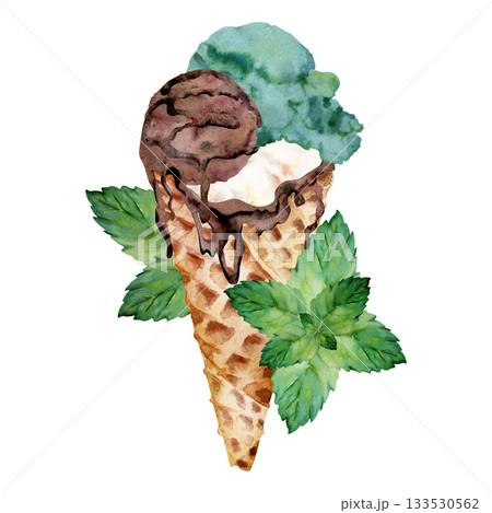 Ice cream gelato scoop in melted chocolate-lined waffle cone, mint leaves and syrup drizzle topping. Isolated illustration hand drawn in watercolor. Summer product branding, treat sticker, flavor tag. Ice cream gelato scoop in melted chocolate-lined waffle cone, mint leaves and syrup drizzle topping. Isolated illustration hand drawn in watercolor. Summer product branding, treat sticker, flavor tag. 133530562