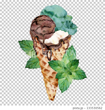Ice cream gelato scoop in melted chocolate-lined waffle cone, mint leaves and syrup drizzle topping. Isolated illustration hand drawn in watercolor. Summer product branding, treat sticker, flavor tag. Ice cream gelato scoop in melted chocolate-lined waffle cone, mint leaves and syrup drizzle topping. Isolated illustration hand drawn in watercolor. Summer product branding, treat sticker, flavor tag. 133530562