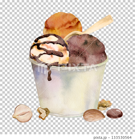 Vanilla gelato served in recyclable paper cup, plastic spoon, chocolate syrup drizzle, nuts mix. Isolated illustration hand drawn in watercolor. Culinary blog, takeaway branding, recipe illustration. 133530564