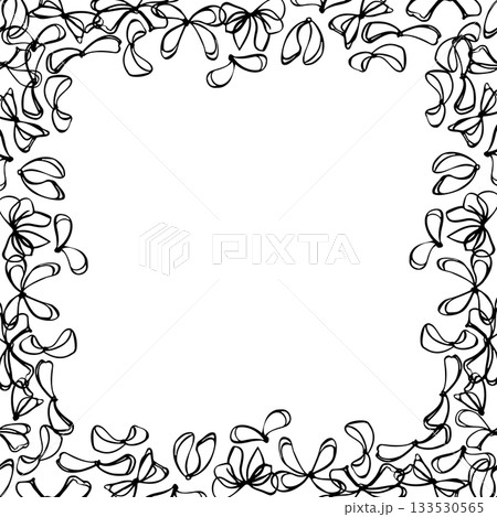 Elegant tied ribbon bows arranged symmetrically in square outline. Thin string loops, whimsical shapes. Vector frame illustration hand drawn in ink. Festive invitation, wedding card, holiday border. 133530565