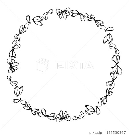 Flowing ribbons and tied bows with cute coquettish loops arranged in delicate circular composition. Hand drawn vector wreath frame in ink and pen. Wedding decor, greeting card, Easter festive label. 133530567