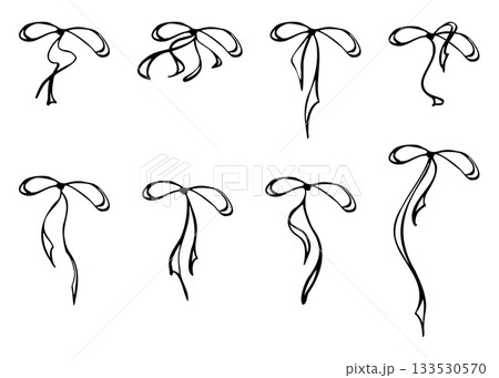Luxury thin string ribbon bows tied in sleek loops ang hanging tails. Vector elegant set hand drawn in ink. Ideal for premium branding, cosmetics packaging, boutique tags, minimalist product design. 133530570