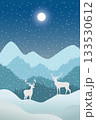 A serene winter night scene featuring two white deer standing on snowy hills under a bright full moon, with snowflakes gently fall across the landscape.	 133530612