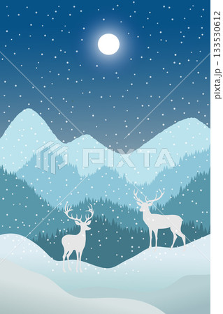 A serene winter night scene featuring two white deer standing on snowy hills under a bright full moon, with snowflakes gently fall across the landscape.	 133530612