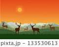 Illustration of a serene wilderness scene natural landscape featuring a herd of deer silhouetted against a vibrant orange sky. The background displays layered mountains in varying soft green and gray 133530613