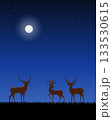 A serene night scene with three deer silhouettes standing in a field of grass, under a starry sky with prominent full moon. 133530615
