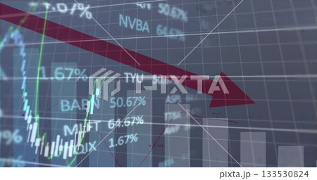 Red down arrow appearing on trading dashboard featuring chart overlays and data labels Red down arrow appearing on trading dashboard featuring chart overlays and data labels 133530824