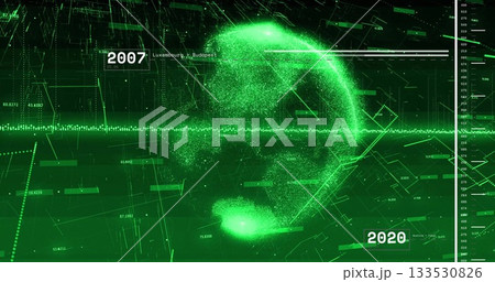 Showing green particle-based head silhouette emerging in digital matrix, with grid and data labels 133530826
