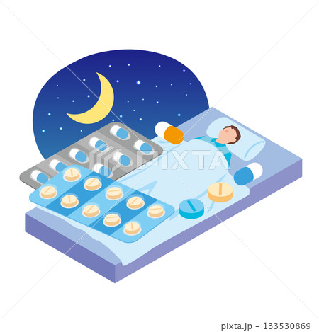 睡眠薬を飲んで眠る男性 133530869