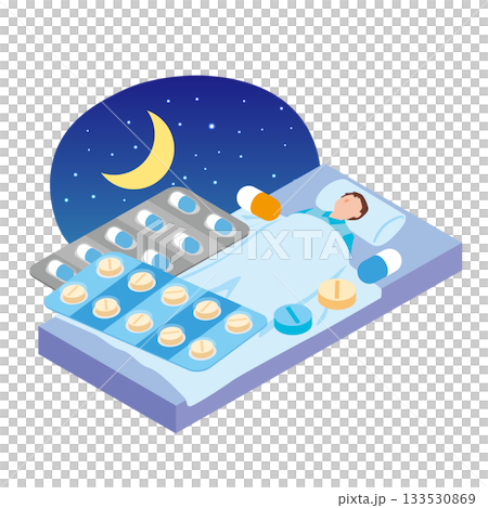 睡眠薬を飲んで眠る男性 133530869