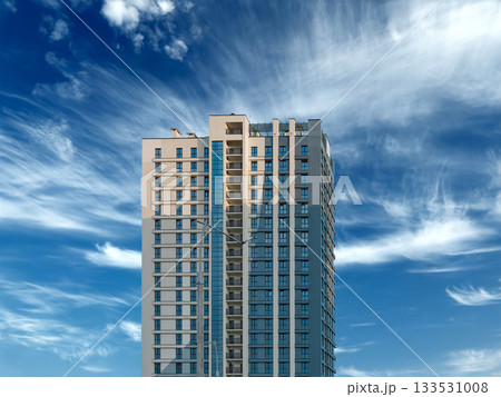 Building facade, blue sky windows. Modern urban skyscraper architecture houses corporate office real Building facade, blue sky windows. Modern urban skyscraper architecture houses corporate office real 133531008