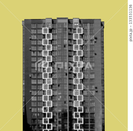 Halftone black and white image of a modern apartment building with vertical rows of square balconies 133531136