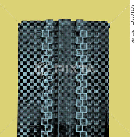 Cyan halftone artwork of a tall residential building with stacked square balconies and vertical Cyan halftone artwork of a tall residential building with stacked square balconies and vertical 133531138