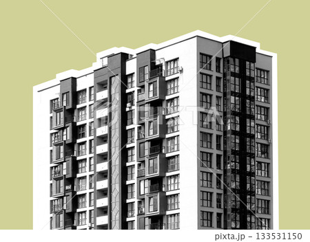Minimalist view of a high-rise apartment building with repetitive window patterns. Black and white 133531150