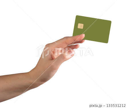 Hand holding a green bank card with chip isolated on white background. Concept of finance, banking, 133531212