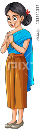 Smiling Woman in Traditional Thai Dress Greeting with Wai Smiling Woman in Traditional Thai Dress Greeting with Wai 133531357