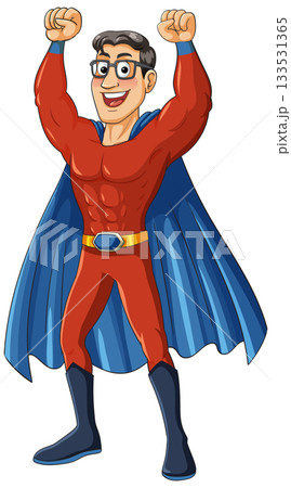 Cartoon Superhero Man Raising Arms in Victory Pose 133531365