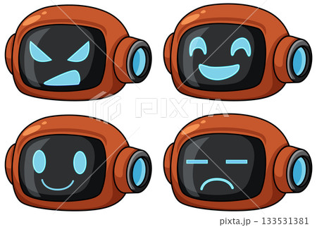 Cartoon Robot Faces Displaying Four Distinct Emotions 133531381