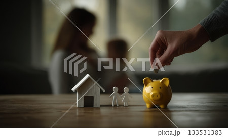 hand is putting a coin into a piggy bank 133531383