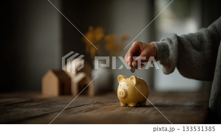 hand is putting a coin into a piggy bank 133531385