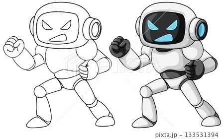 Angry Cartoon Robot in Fighting Pose, Color and Outline Angry Cartoon Robot in Fighting Pose, Color and Outline 133531394