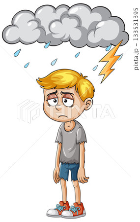 Sad Boy Standing Under Rain Cloud with Lightning Sad Boy Standing Under Rain Cloud with Lightning 133531395