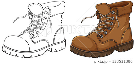 Side-by-Side Vector Illustration of Work Boot in Color and Outline Side-by-Side Vector Illustration of Work Boot in Color and Outline 133531396