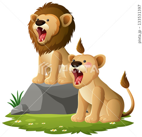 Cartoon Lion and Cub Roaring on Grassy Rock Cartoon Lion and Cub Roaring on Grassy Rock 133531397