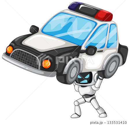 Robot Lifting Police Car in Cartoon Vector Style Robot Lifting Police Car in Cartoon Vector Style 133531410