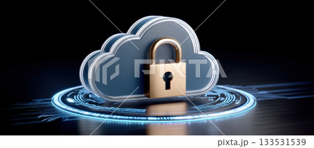 Secure cloud computing concept cybersecurity and cloud protection with golden padlock over digital network glowing ring conveying safety 133531539
