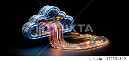 Cloud cybersecurity data pipeline glowing fiber optic stream illustrating secure cloud network flow and digital protection 133531540
