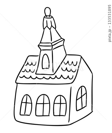 A small church with arched windows and a tall steeple is drawn as a simple outline illustration. The concept represents Christmas spirit, winter tradition and holiday architecture 133531895
