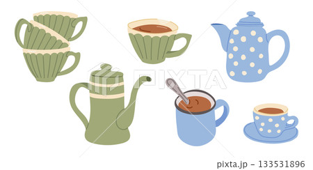 A cozy set of teacups, mugs and kettles in soft colors creates a warm and inviting illustration. The concept represents comfort, hygge atmosphere and relaxing tea time A cozy set of teacups, mugs and kettles in soft colors creates a warm and inviting illustration. The concept represents comfort, hygge atmosphere and relaxing tea time 133531896