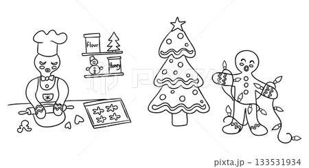 Gingerbread characters bake cookies and decorate a Christmas tree in a festive holiday scene, drawn as a simple outline coloring page. The concept represents Christmas preparation 133531934