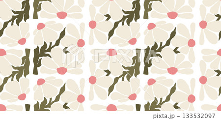 Organic Floral Seamless Pattern. Groovy Chamomile Flower Folk on White Background. Ornament in trendy retro hippie 60s 70s. Abstract Contemporary Aesthetic. Vector horizontal Illustration. Not AI 133532097