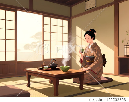 Japanese Woman Performing Traditional Tea Ceremony in Serene Interior 133532268