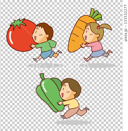 Children running with large vegetables 133532277