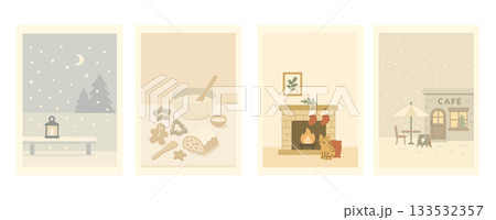 雪景色と冬の暮らしのクリスマスイラスト、 133532357