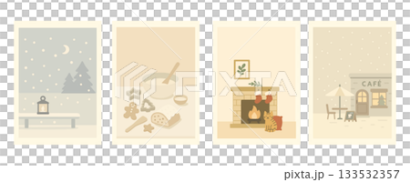 雪景色と冬の暮らしのクリスマスイラスト、 133532357